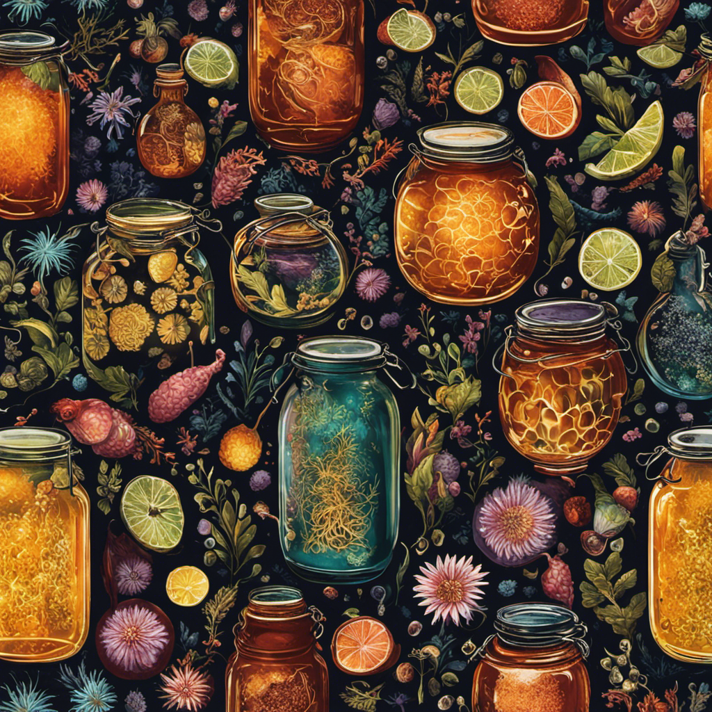 An image capturing the essence of a glass jar filled with vibrant, effervescent kombucha, surrounded by a swarm of microscopic parasites, symbolizing the potential of this ancient elixir to combat these unseen threats
