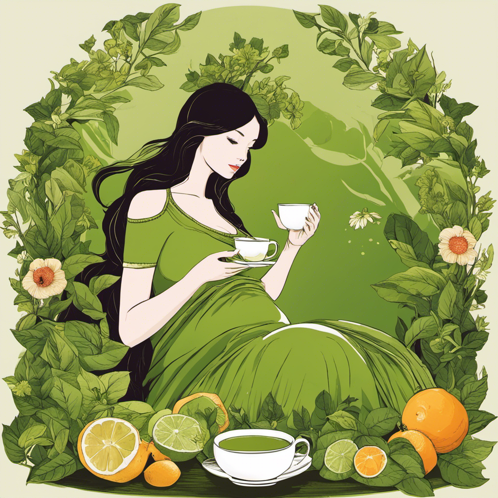 An image of a serene pregnant woman sipping green tea, surrounded by an array of fresh, organic ingredients - showcasing the beauty and safety of consuming green tea during pregnancy