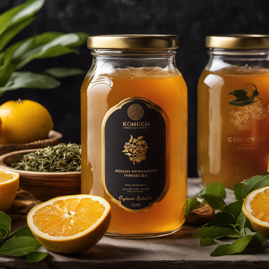 An image that captures the essence of Kombucha, with a glass jar filled with effervescent, golden liquid