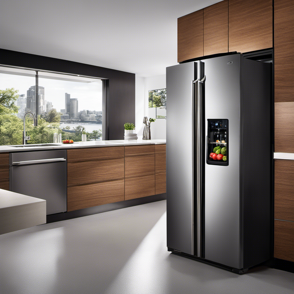 An image showcasing a sleek, stainless steel refrigerator lock securely fastened on a modern urban kitchen's refrigerator