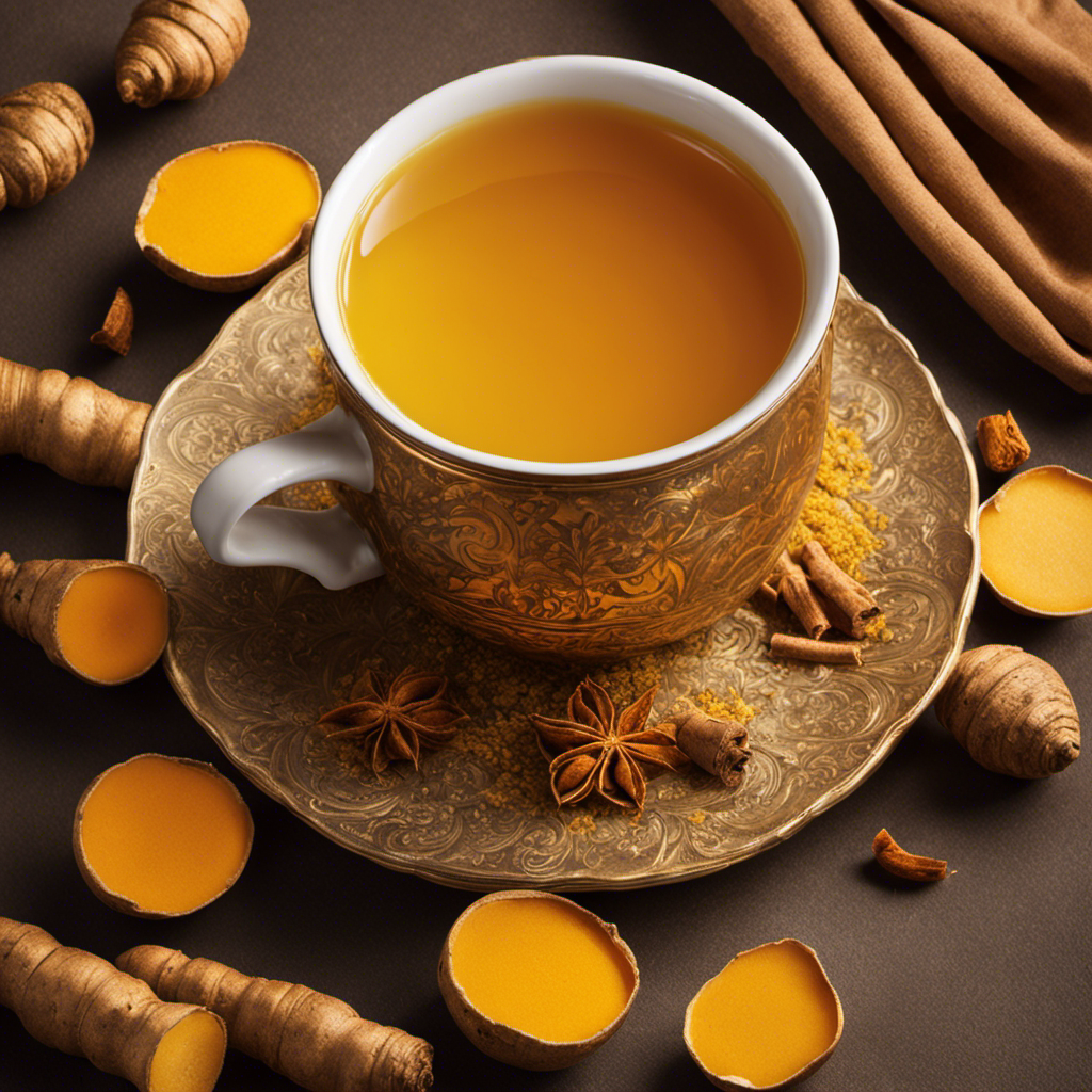 An image showcasing a steaming cup of golden turmeric tea, with vibrant slices of fresh turmeric root floating on its surface