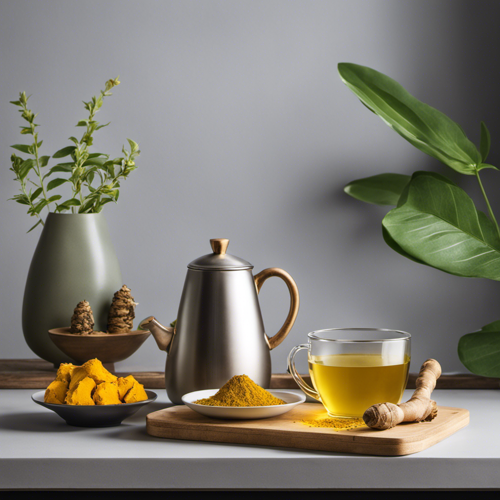 An image showcasing a serene, minimalist kitchen scene, with a steaming cup of aromatic ginger tea, a delicate cup of green tea, and a vibrant yellow turmeric root, symbolizing the fusion of useful cultural practices