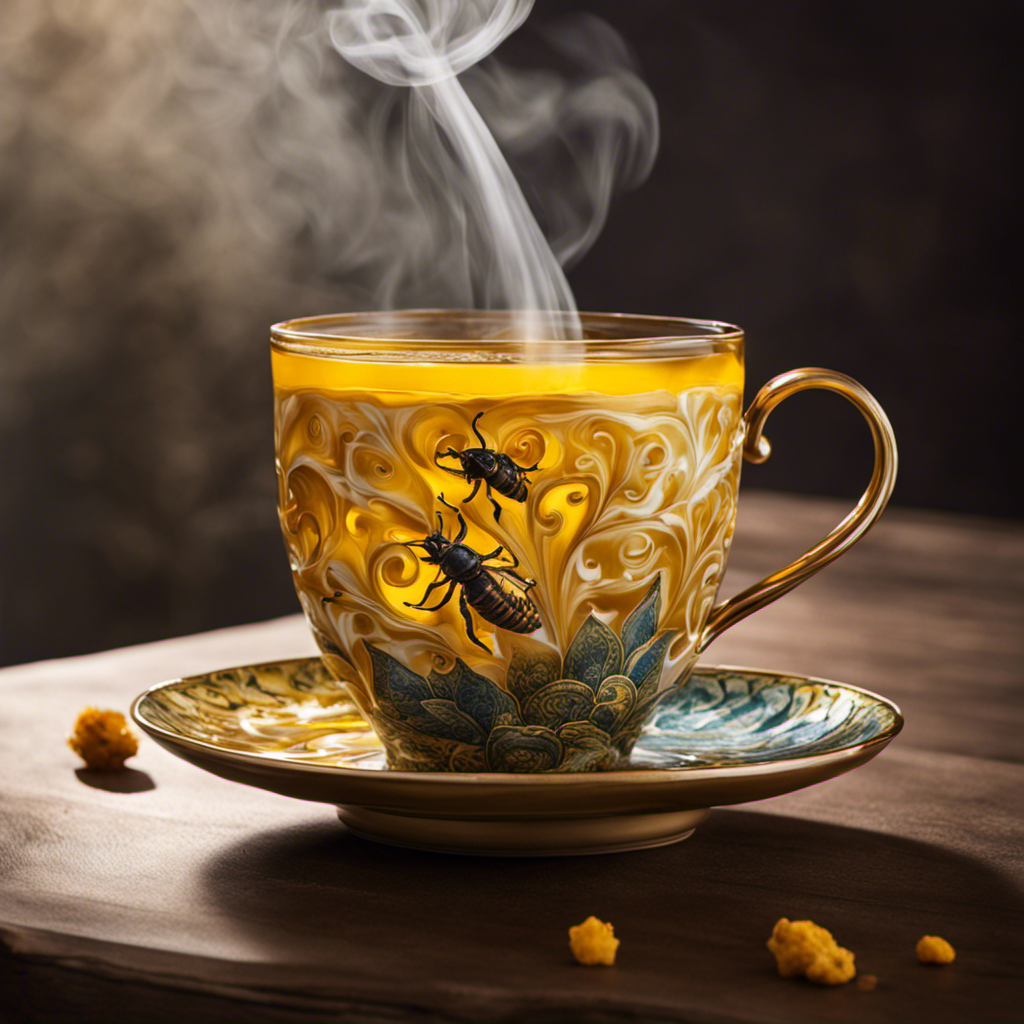 An image of a steaming cup of hot tea, infused with vibrant yellow swirls of fermented turmeric bug