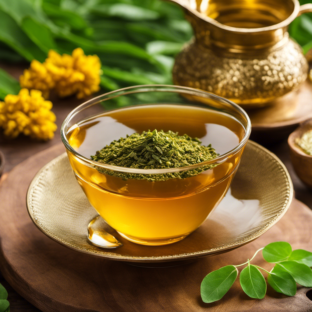 An image showcasing a vibrant cup of Vahdam Turmeric Moringa Tea, beautifully steeped with golden hues