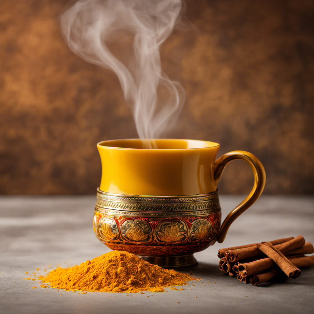 An image showcasing a vibrant yellow cup filled with steaming Vahdam Turmeric Spiced Herbal Tea