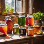 An image showcasing a serene, sunlit kitchen countertop adorned with vibrant glass jars filled with colorful homemade vegan kombucha tea essence