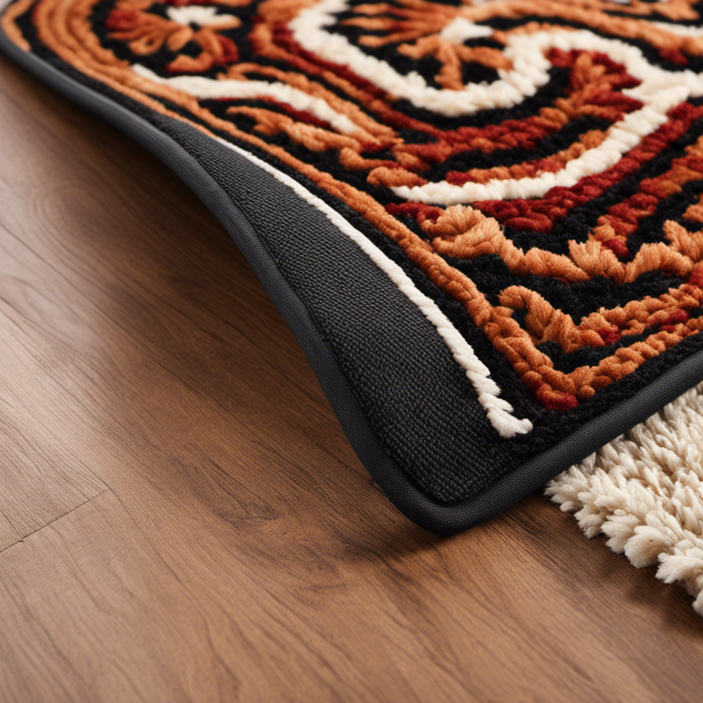 An image showcasing the Veken Rug Pad Gripper by capturing a close-up shot of the gripper's non-slip surface securely holding a luxurious rug, demonstrating its effectiveness and reliability