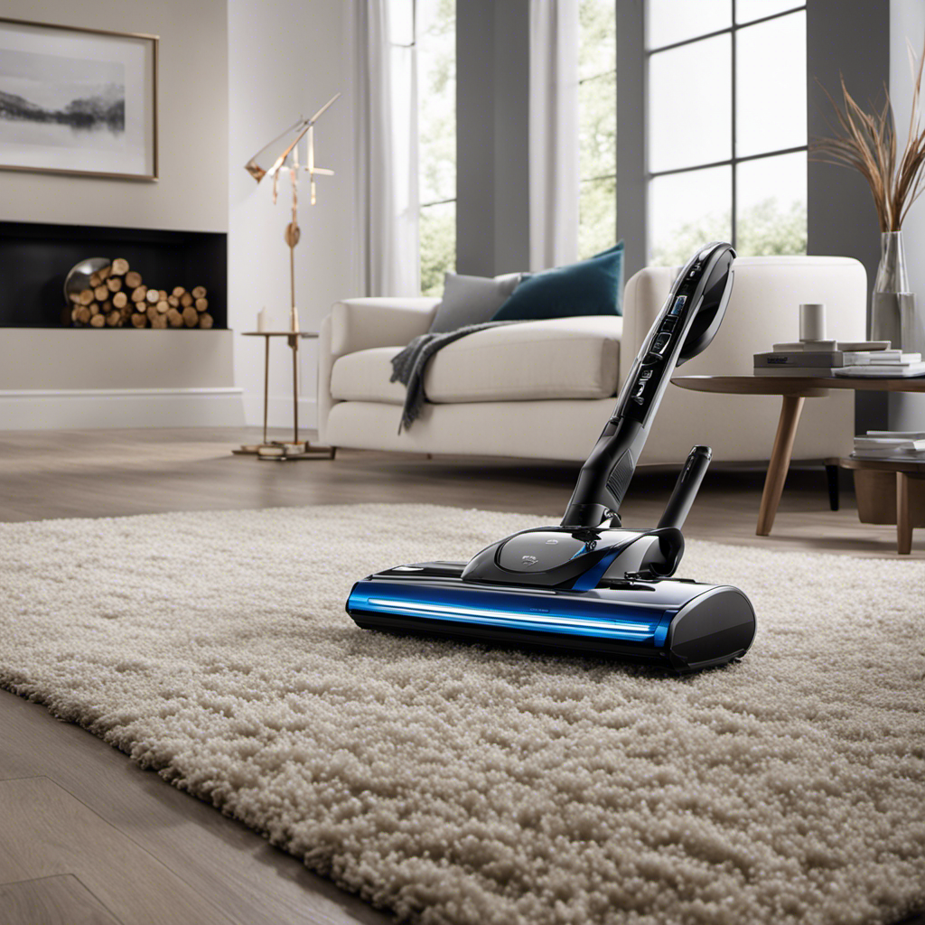 An image of a sleek Verefa V60 Pro vacuum effortlessly gliding across a plush carpet, its powerful suction leaving behind perfectly groomed lines, while the LED display showcases its advanced cleaning features