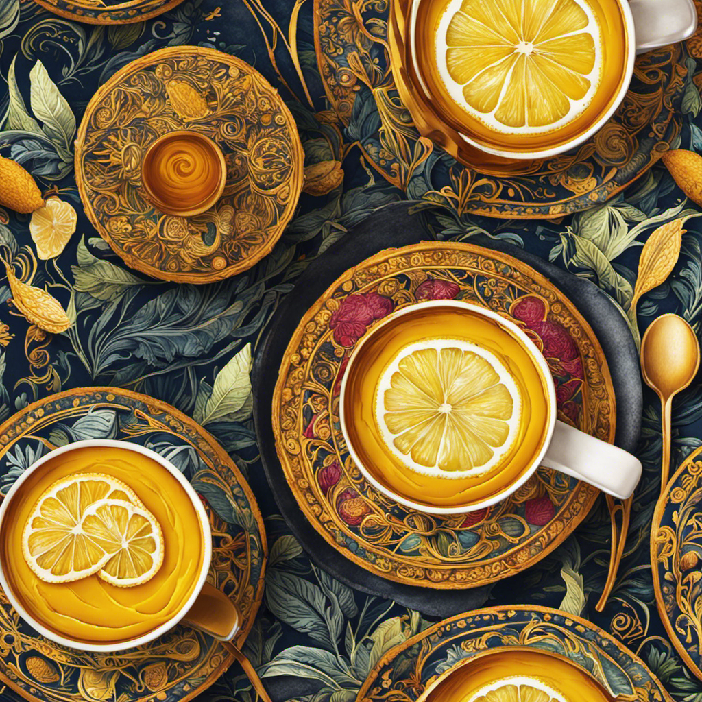 An image capturing the vibrant colors of a steaming cup of turmeric tea, adorned with slices of fresh lemon and ginger