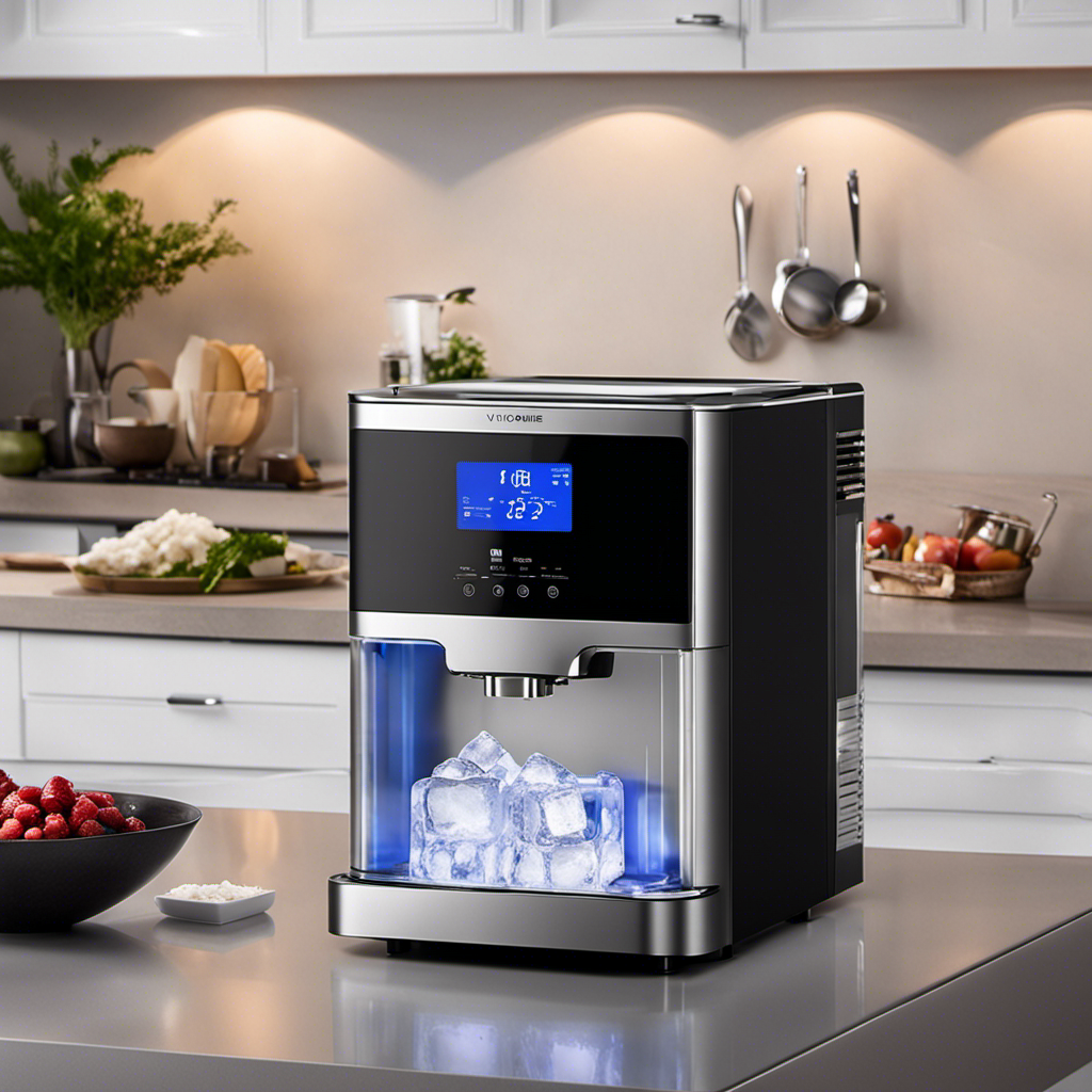 An image showcasing the sleek VIVOHOME Ice Maker on a modern kitchen countertop, surrounded by clear ice cubes glistening under soft lighting, illustrating its efficiency and stylish design