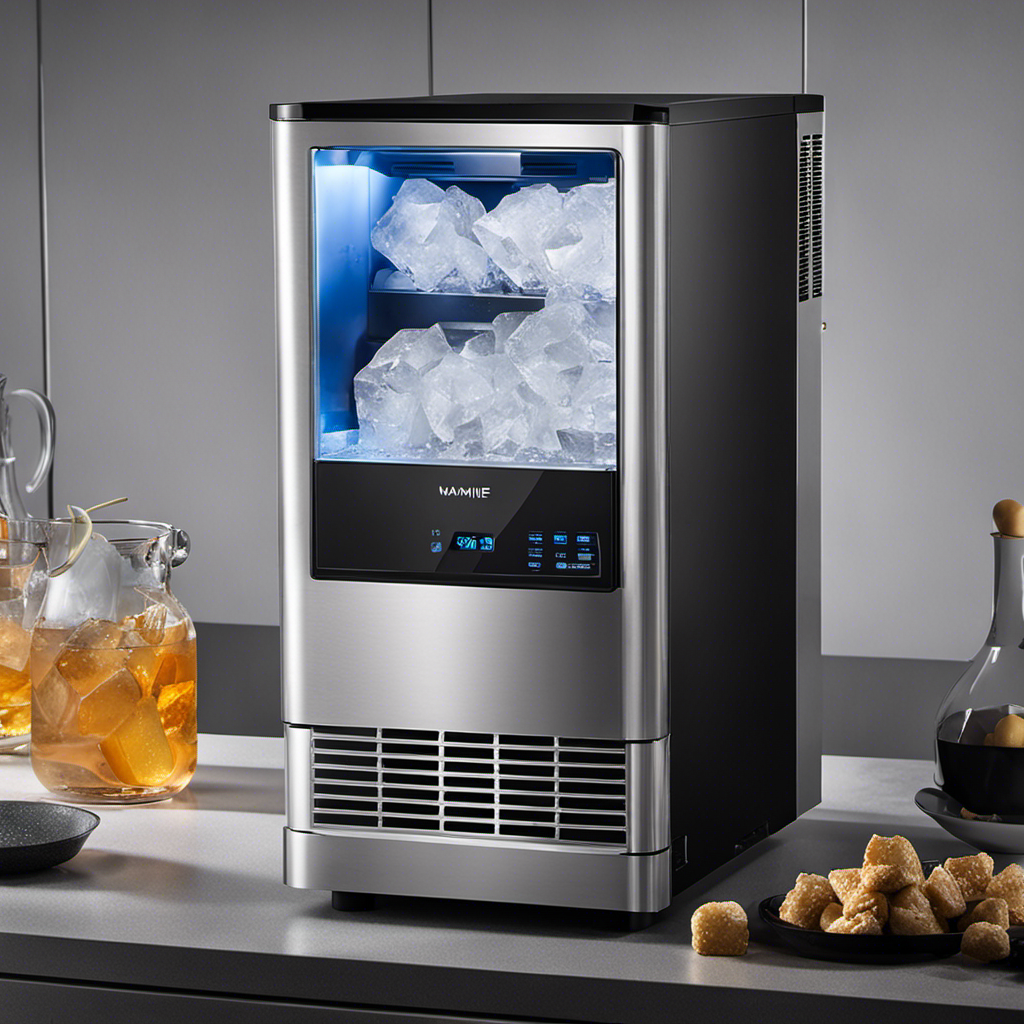 An image showcasing the sleek design of the Wamife Nugget Ice Maker, with its stainless steel exterior glimmering under the soft kitchen lighting, while a glass brims with perfectly textured pebble ice in the foreground