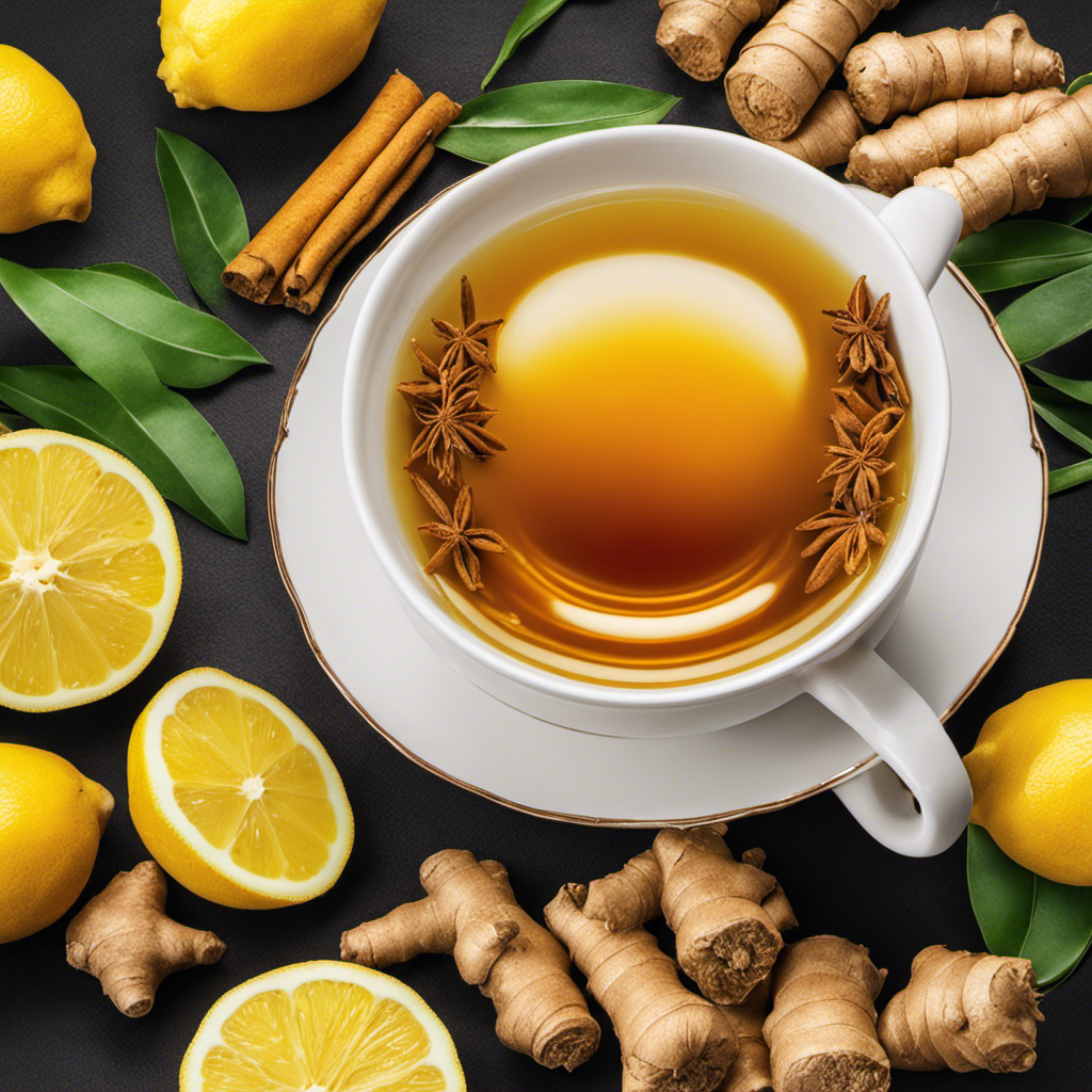 An image showcasing a steaming cup of golden ginger and turmeric tea, adorned with fresh slices of lemon and a sprinkle of fragrant cinnamon, surrounded by vibrant ginger and turmeric roots