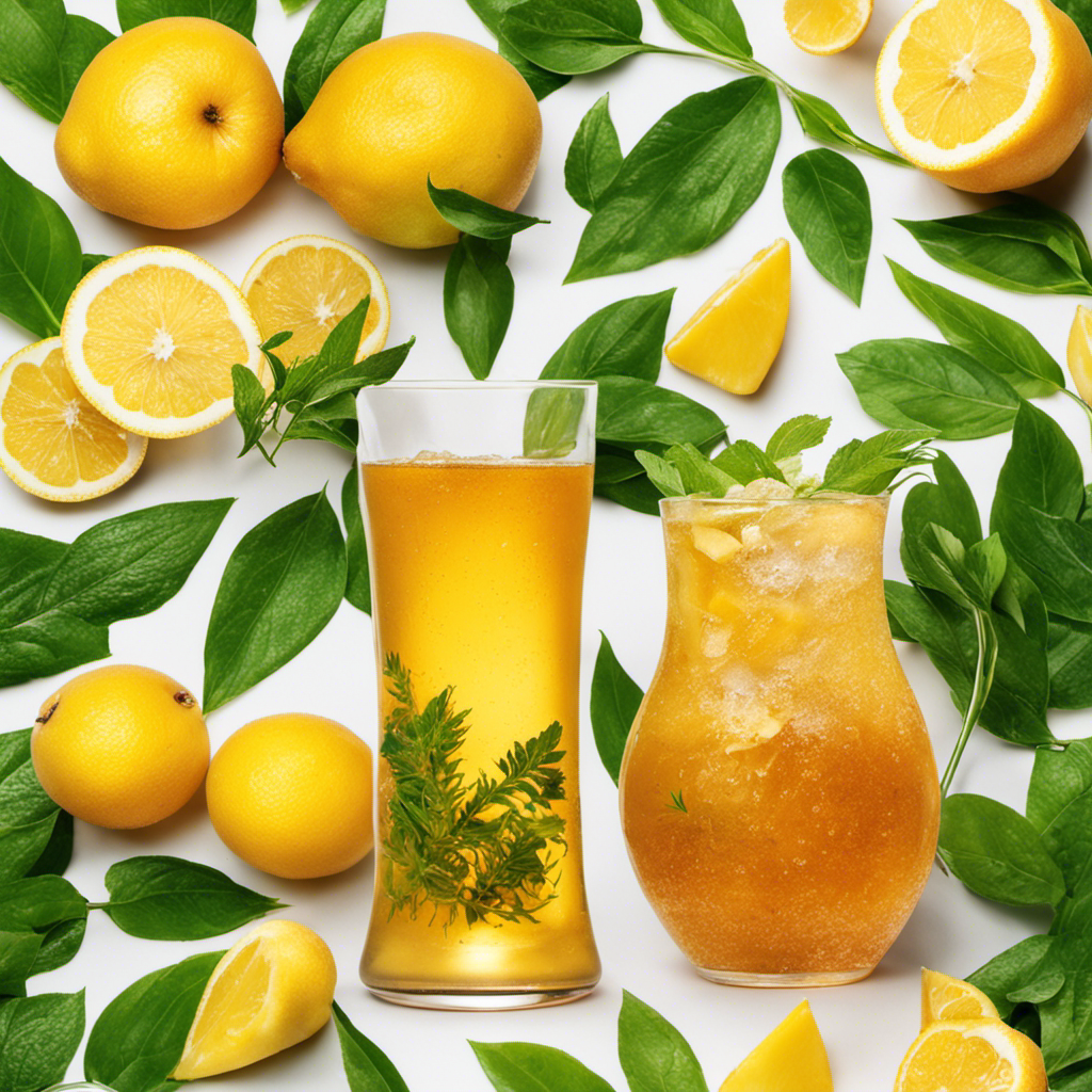 An image showcasing a glass filled with effervescent golden Kombucha tea, adorned with fresh fruits and lush green leaves