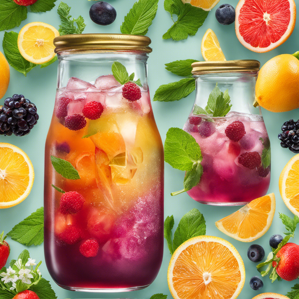 An image showcasing a glass filled with vibrant, effervescent Kombucha tea, adorned with fresh, colorful fruits and herbs