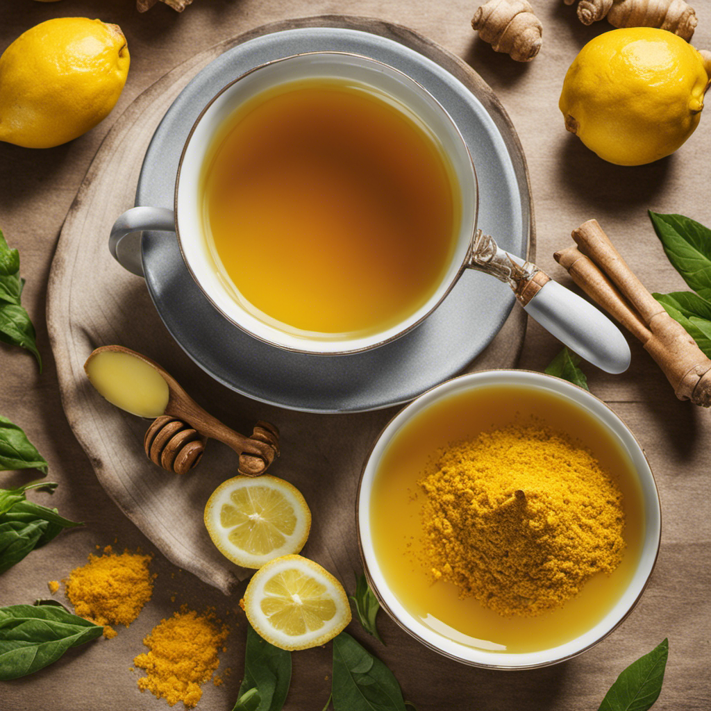 An image showcasing a steaming cup of vibrant yellow turmeric tea, surrounded by fresh ingredients like ginger, lemon, and honey