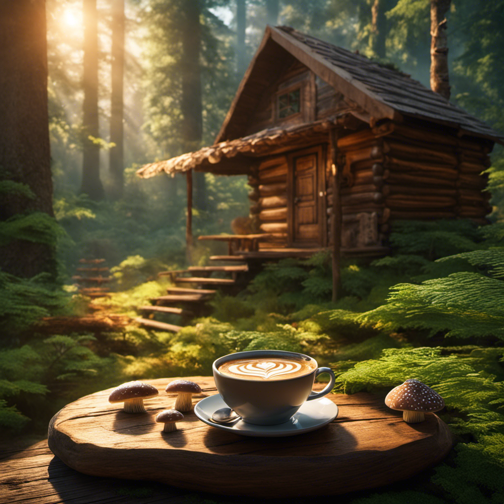 An image showcasing a serene forest scene with sunlight filtering through the canopy, where a cozy wooden cabin sits among lush greenery