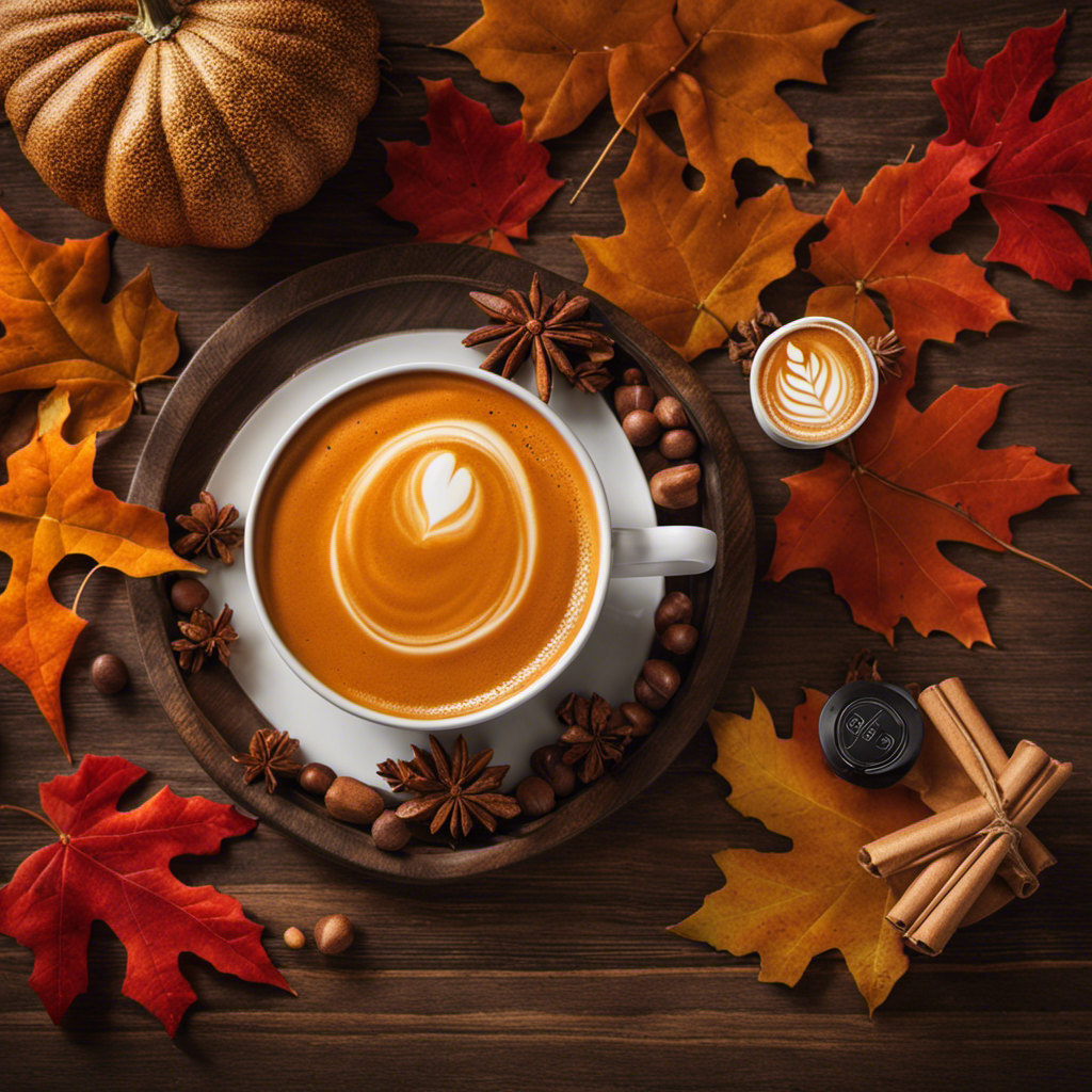 An image showcasing a cozy autumn scene, with a rustic wooden table adorned with a platter of Nespresso Pumpkin Spice capsules, surrounded by vibrant fall leaves, and a steaming cup of Pumpkin Spice latte in the background