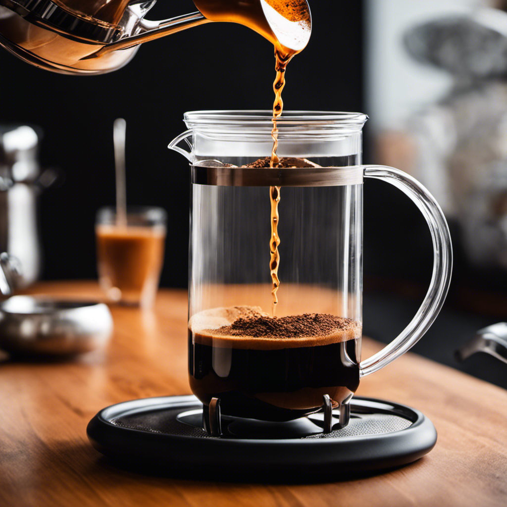 An image featuring a close-up shot of a barista skillfully pouring hot water over a French press, while vibrant, earthy-colored Ryze mushroom coffee grounds swirl in the glass, showcasing the brewing process