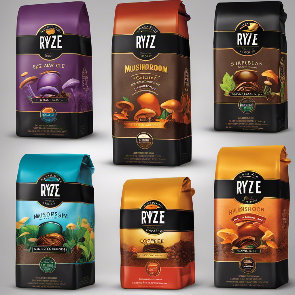 An image showcasing a lineup of Ryze Mushroom Coffee variants, with each package distinctly displaying the unique ingredients and flavors
