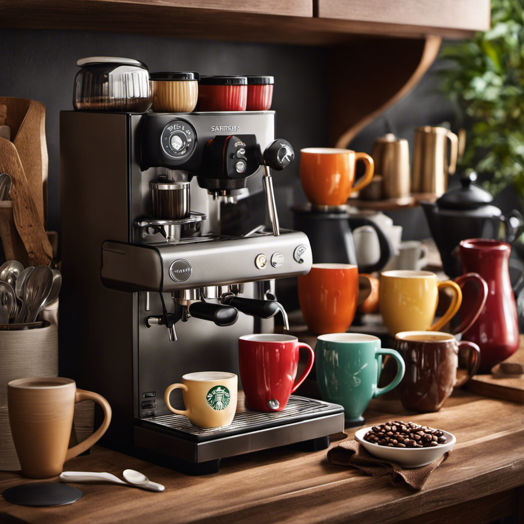 An image featuring a cozy kitchen scene, showcasing a stylish espresso machine, a frothing pitcher, a variety of Starbucks coffee beans, and a collection of colorful mugs, evoking the essential steps to crafting iconic Starbucks beverages at home