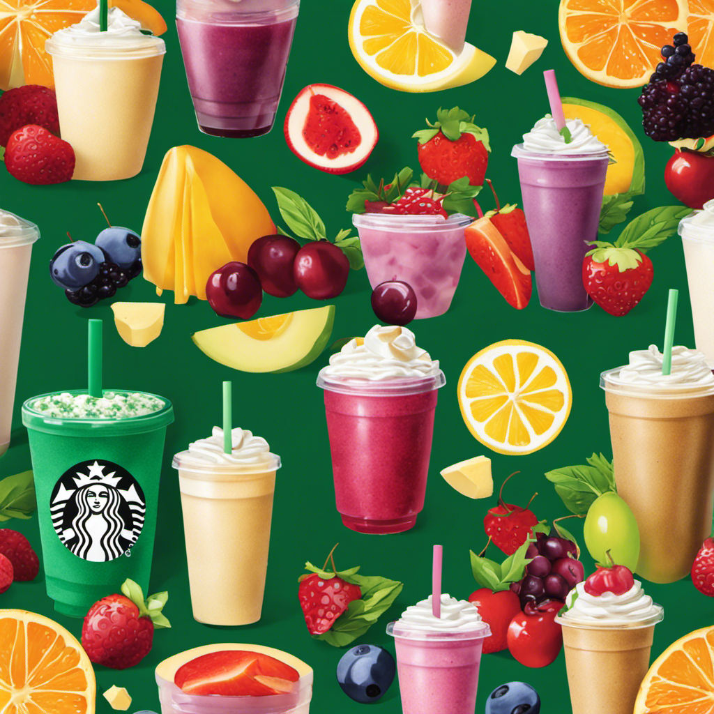 An image showcasing a vibrant array of Starbucks' nutritious offerings: a colorful fruit salad topped with fresh berries, a protein-packed spinach and feta wrap, a steaming cup of green tea, and a refreshing acai berry smoothie