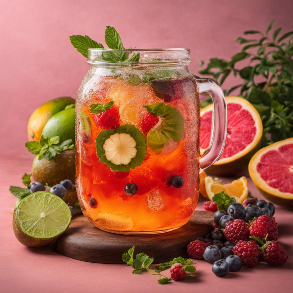 An image showcasing a vibrant, overflowing glass of homemade kombucha tea, adorned with freshly sliced fruits and herbs