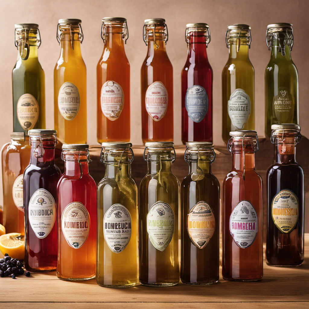 An image showcasing a variety of sleek, transparent glass bottles with airtight metal lids, adorned with vibrant labels displaying the diverse flavors of homemade kombucha tea