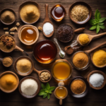 An image depicting an assortment of alternative sweeteners, such as honey, maple syrup, coconut sugar, and stevia, arranged on a rustic wooden surface, showcasing the variety of substitutes for turbinado sugar