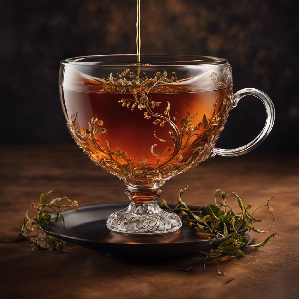 An image showcasing a glass teacup filled with dark amber kombucha, swirling tendrils of over-steeped tea leaves suspended within, while a worried hand hovers above, contemplating the dilemma