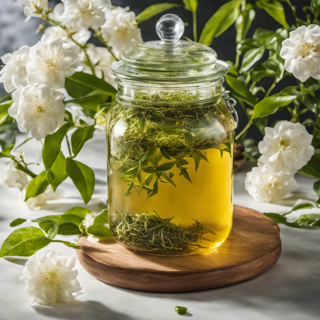 An image showcasing a vibrant tea garden with lush green tea leaves, delicate white blossoms, and a sparkling glass jar