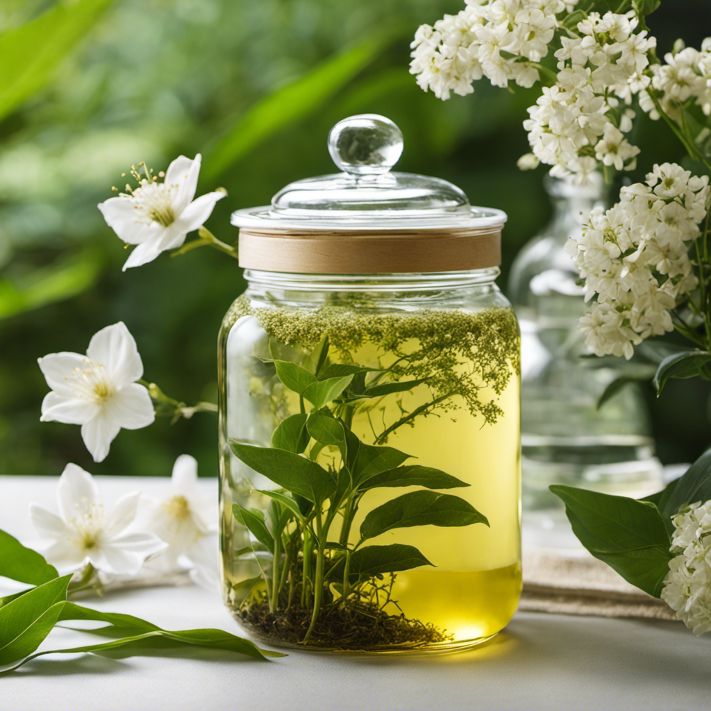 An image showcasing a vibrant tea garden with lush green tea leaves, delicate white blossoms, and a sparkling glass jar