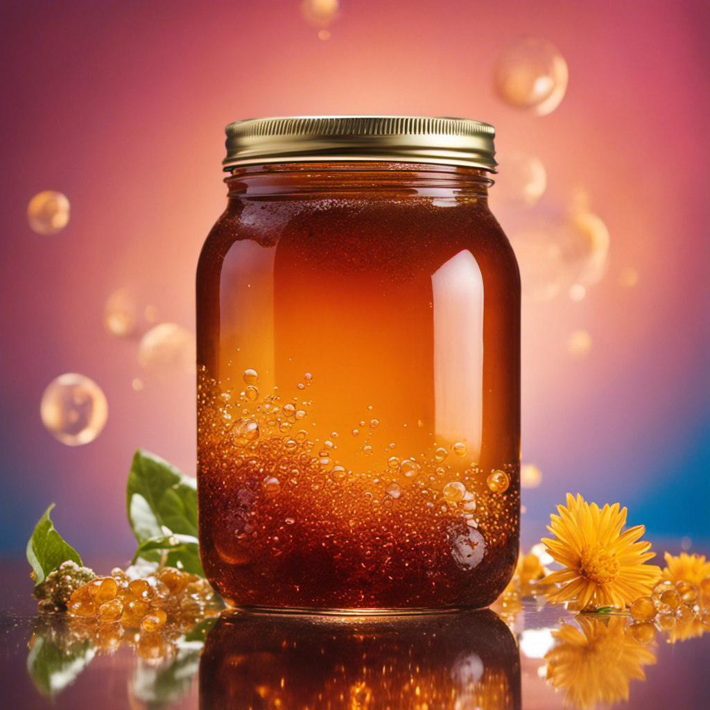 An image showcasing a glass jar filled with effervescent, amber-hued Kombucha tea
