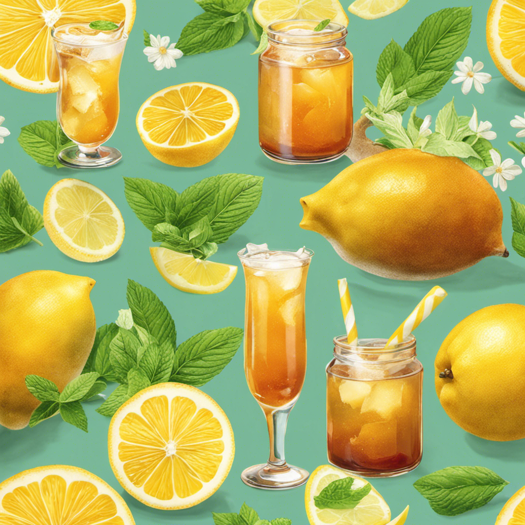 An image showcasing a glass filled with effervescent, amber-hued kombucha tea, surrounded by vibrant, organic ingredients like ginger slices, lemon wedges, and fresh mint leaves