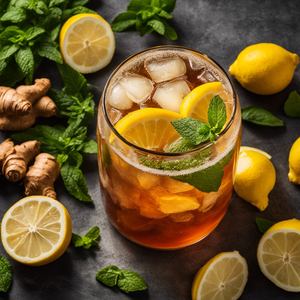 An image showcasing a glass filled with effervescent, amber-hued kombucha tea, surrounded by vibrant, organic ingredients like ginger slices, lemon wedges, and fresh mint leaves