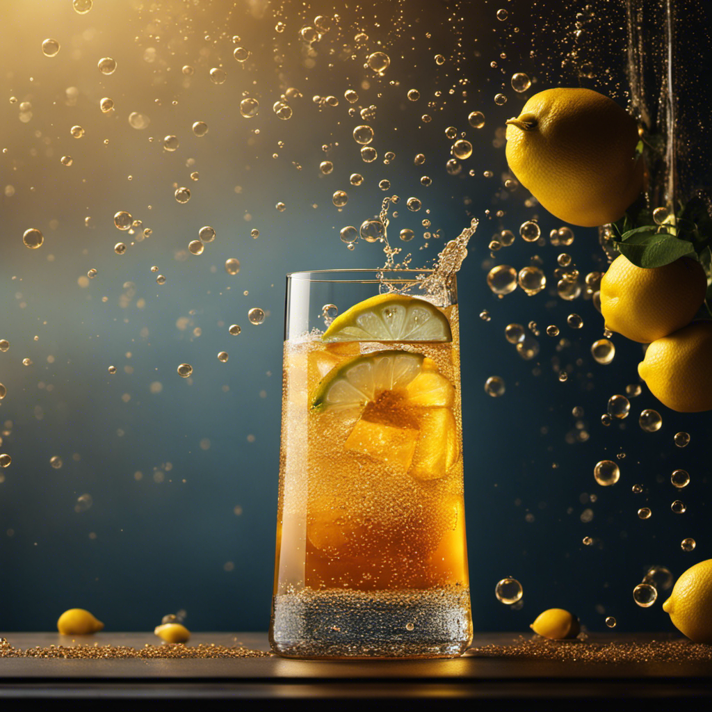 An image showcasing a glass filled with effervescent amber liquid, adorned with sparkling bubbles and a slice of tangy lemon floating on top
