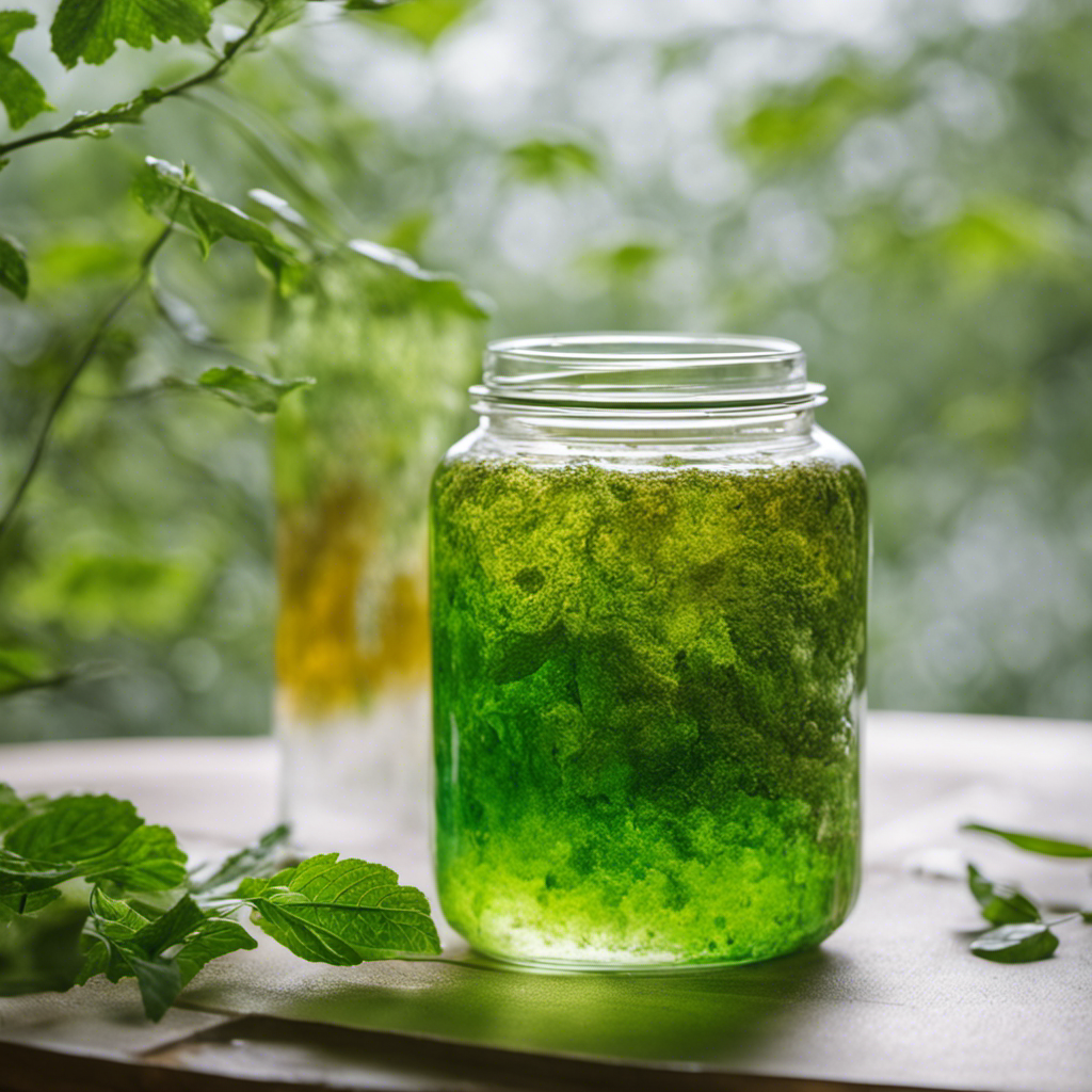 An image showcasing a glass jar filled with Kombucha tea, visibly contaminated with fuzzy green and white mold patches