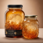 An image depicting a glass jar filled with amber-hued, fermenting kombucha, its surface adorned with swirling wisps of tea leaves