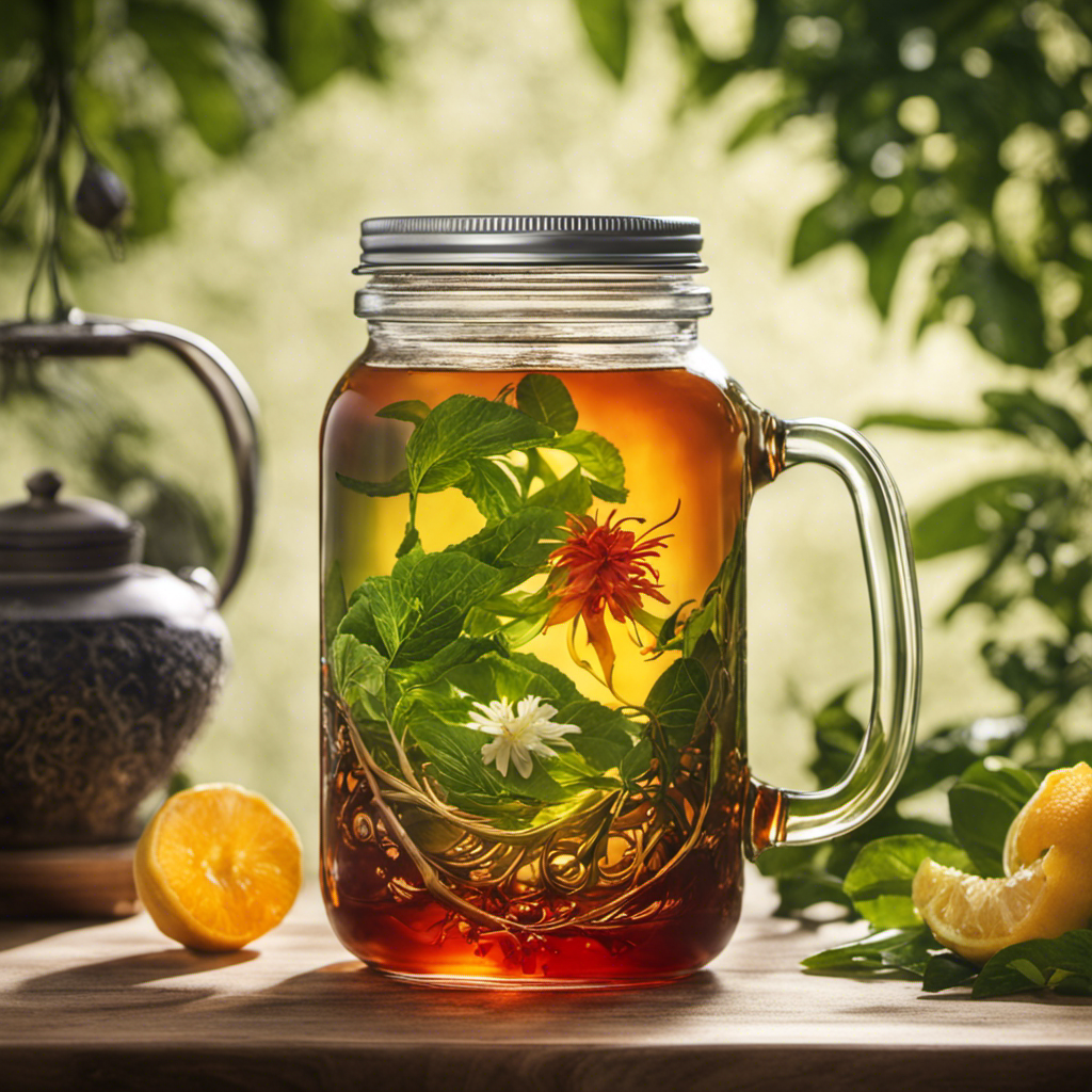An image showcasing the intricate process of tea infusing into a glass jar of kombucha