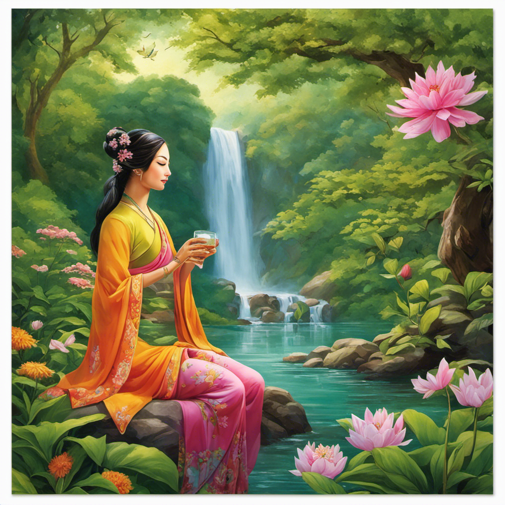 An image showcasing a serene, lush green tea garden with vibrant flowers blooming alongside a peaceful waterfall