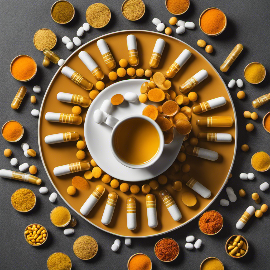 An image of a warm cup of Turmeric Chai Tea surrounded by a circle of crossed-out pills and capsules, symbolizing a range of medications