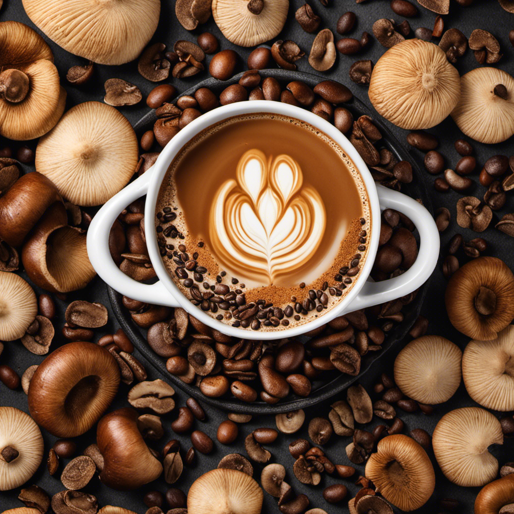 An image showcasing a close-up of a steaming cup of Ryze Mushroom Coffee, surrounded by a variety of factors like organic mushrooms, sustainable packaging, fair-trade beans, and innovative brewing methods, highlighting their influence on the cost
