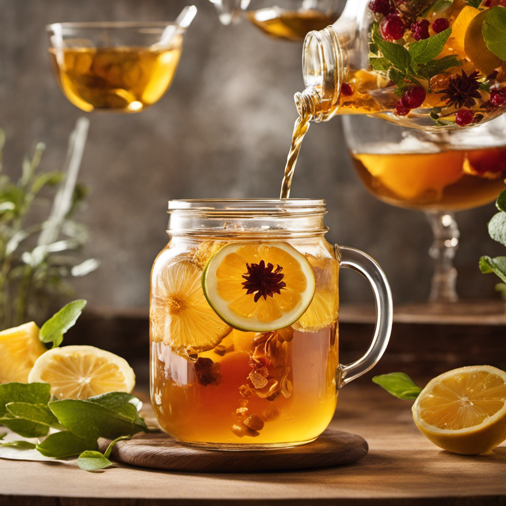 An image showcasing a glass jar filled with effervescent, golden-hued kombucha infused with a burst of vibrant flavors