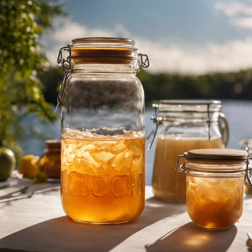 An image of a glass jar filled with homemade kombucha, featuring a vibrant colony of healthy SCOBY floating atop a tea-colored liquid
