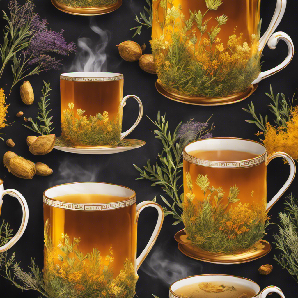 An image showcasing a steaming mug of golden tea, infused with the vibrant hues of thyme and turmeric