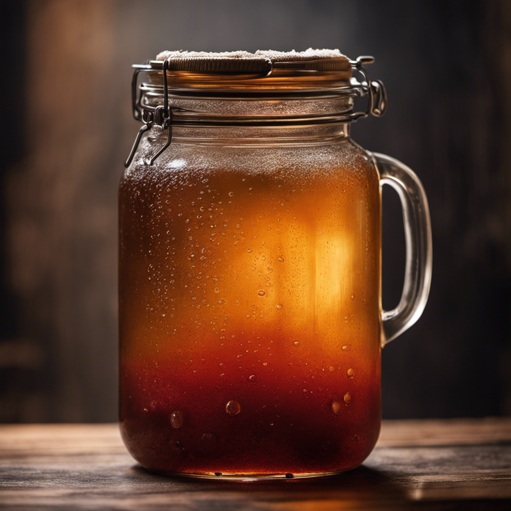 An image depicting a neglected jar of Kombucha tea left in a hot room, with condensation dripping down the sides, mold forming on the surface, and a foul smell emanating from the jar