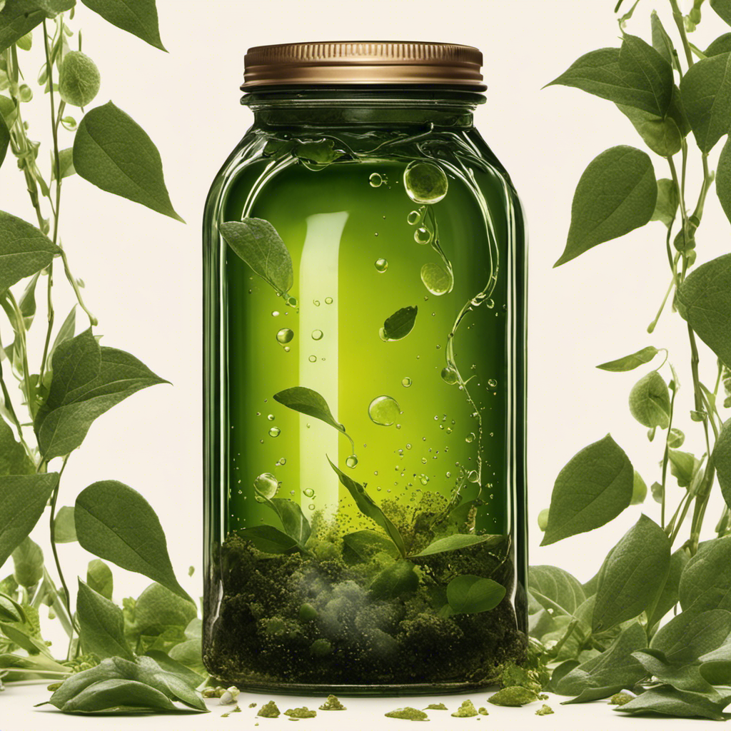 An image that showcases a glass jar filled with murky green kombucha, fizzing with tiny bubbles