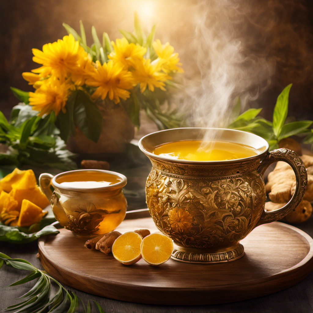 An image showcasing a serene morning scene with a steaming cup of golden turmeric and ginger tea, surrounded by vibrant fresh ingredients