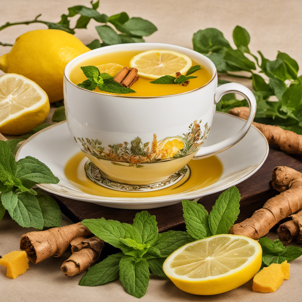 An image of a steaming cup filled with vibrant, golden turmeric and ginger tea