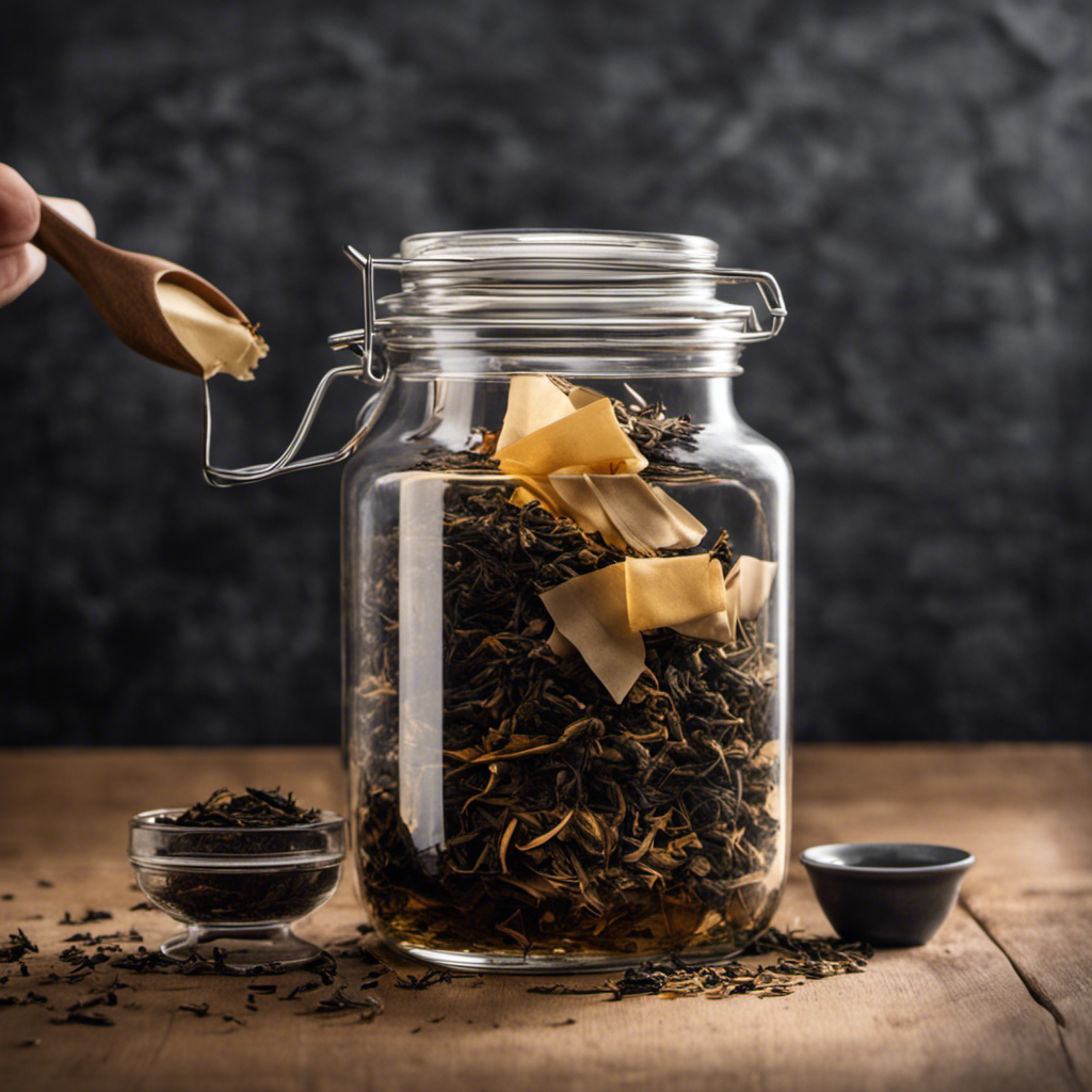 An image showcasing a glass jar filled halfway with freshly brewed tea, surrounded by empty tea bags, as a worried hand clutches a small container of starter tea, with a look of concern on the person's face
