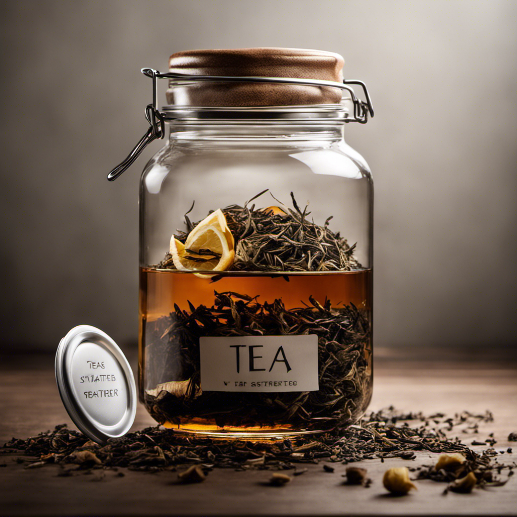An image showcasing a glass jar filled halfway with freshly brewed tea, surrounded by empty tea bags, as a worried hand clutches a small container of starter tea, with a look of concern on the person's face